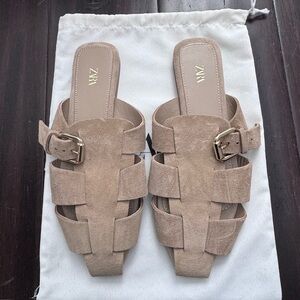 Zara Taupe Suede Braided Slide Mules with Buckle